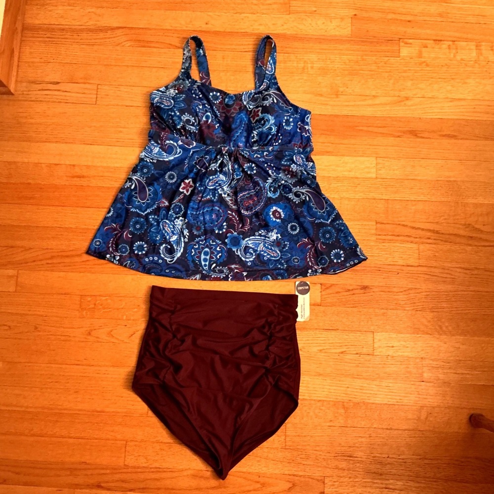 Empetua Tankini Swimsuit 16W Womens‎  Blue Paisley Burgundy NEW High Waist 4xL